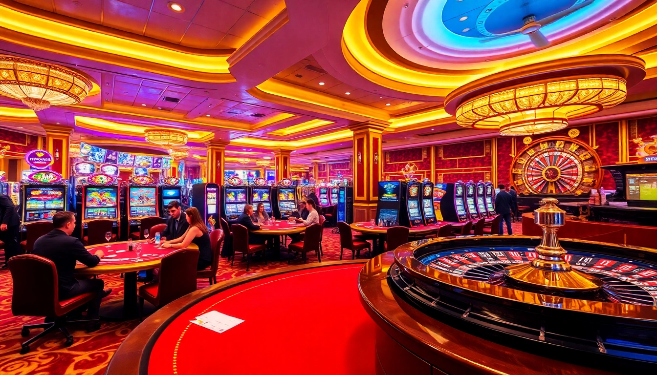 Suncity gaming scene showcasing players at poker tables and vibrant slot machines.