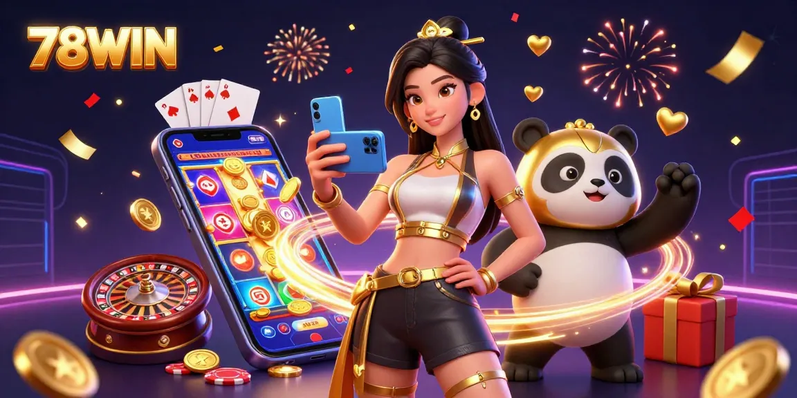 Experience the thrill of 78WIN as an Asian woman engages in a vibrant casino game with a panda mascot.