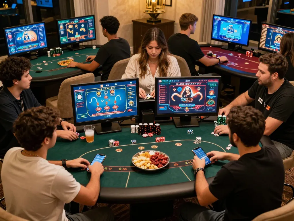 Players strategizing in an online poker game with 33win, showcasing live gameplay on multiple screens.