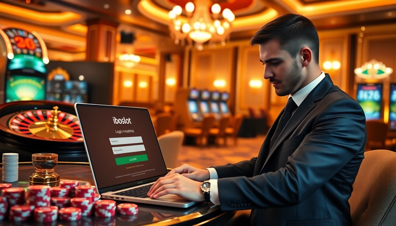 Engage with the iboslot login interface at a luxurious casino surrounded by exciting gaming elements.
