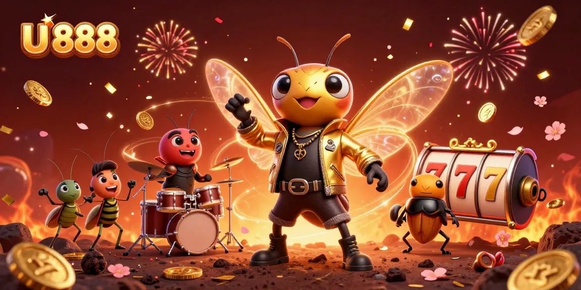 U 888 features a vibrant 3D illustration of a cicada rock star amidst slot reels and fireworks.