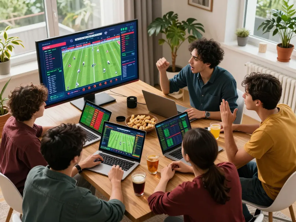 Footballl sports betting analysis with friends in a lively home setting, focused on strategies and statistics.