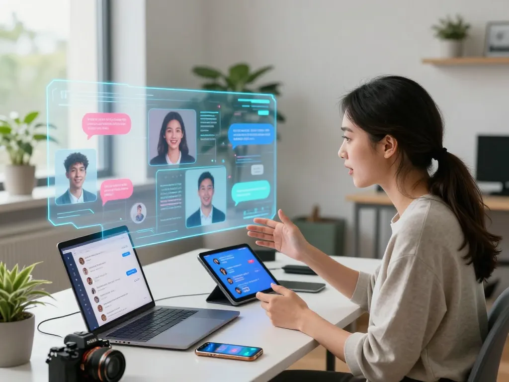 Interactive digital chat showcasing AI sex chat on touchscreen device in a modern office.