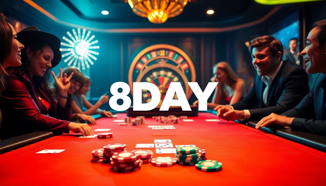 Experience exhilarating gameplay at 8DAY casino with players engaged at a vibrant poker table.