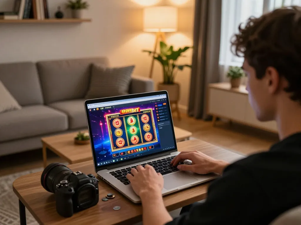 Engaged player enjoying 999bet online slots on their laptop in a cozy living room.