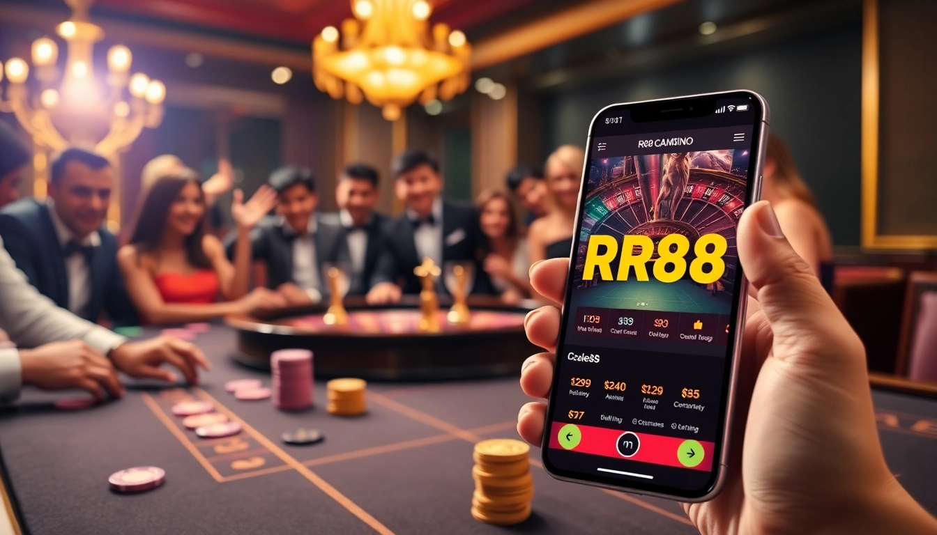 Excited players engaging with the RR88 mobile app in a luxurious casino setting.