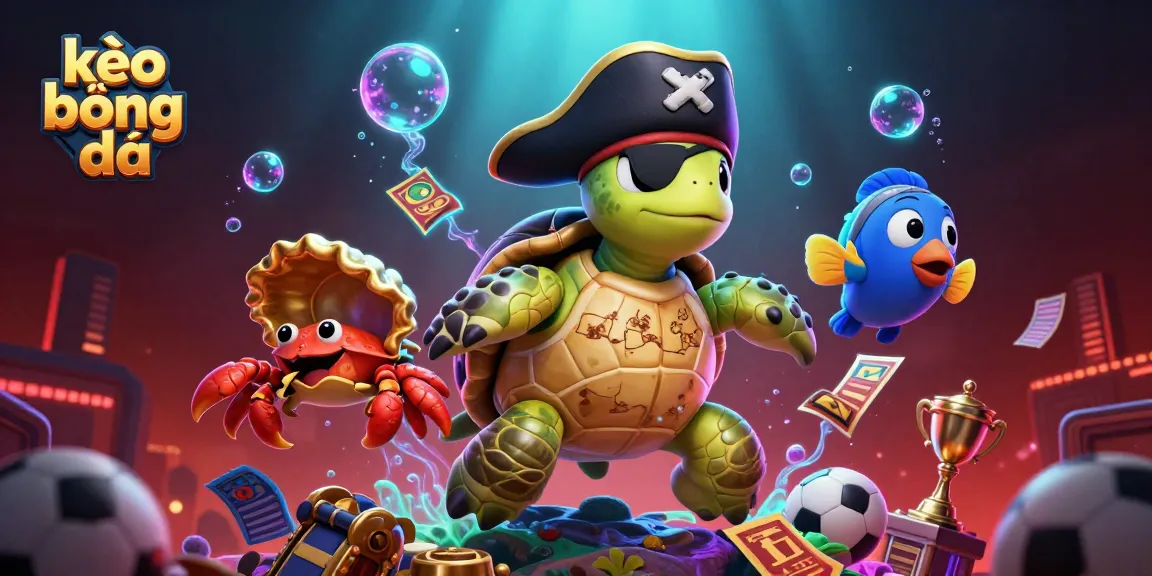 Kèo bóng đá scene featuring a pirate turtle, hermit crab, and parrotfish surrounded by sports betting elements