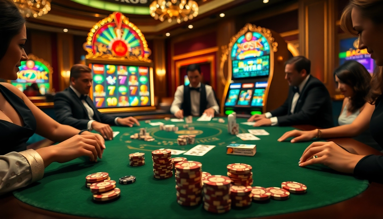 Players enjoying a thrilling game of poker at XX88 Casino, surrounded by vibrant slot machines and luxurious ambiance.