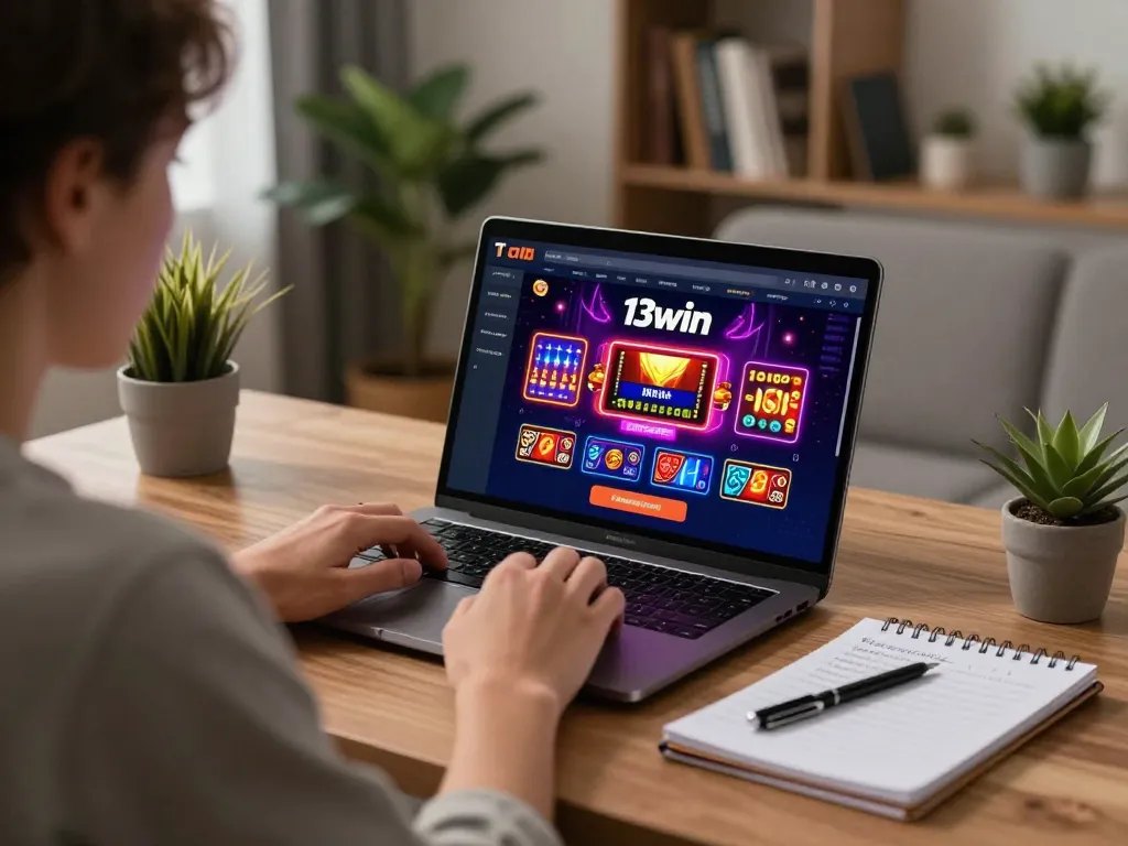 Engaged player exploring 13win co online gaming platform at home, focused on strategy.