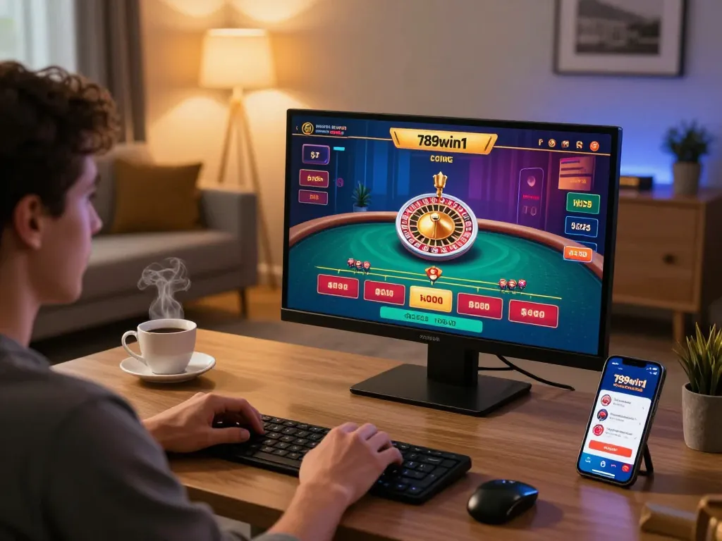 Engaging with the 789win1 casino app while enjoying a live dealer game in a cozy home office setting.