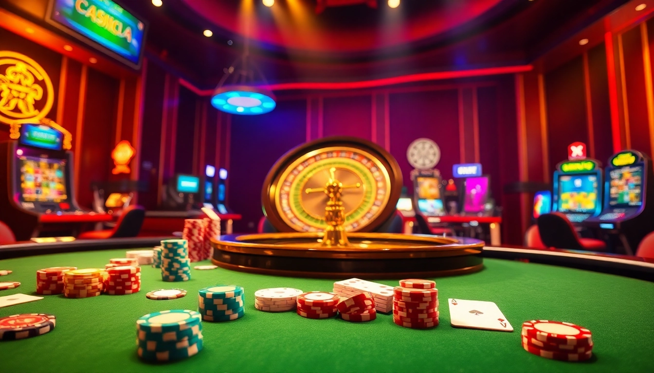 Participate in thrilling online gaming at QQ88 COM with vibrant casino elements like poker chips and roulette wheels.