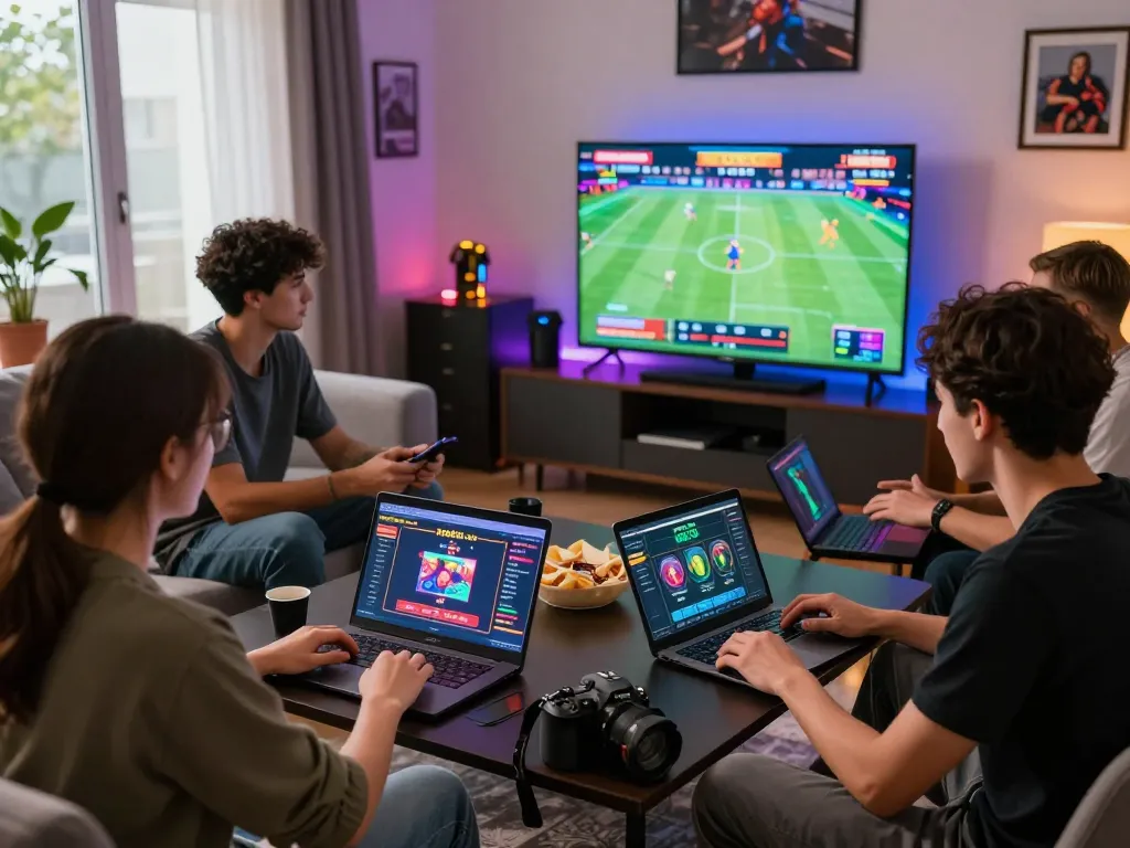 Friends engaging in online gaming at DA88.com, featuring laptops, live sports streaming, and snacks.