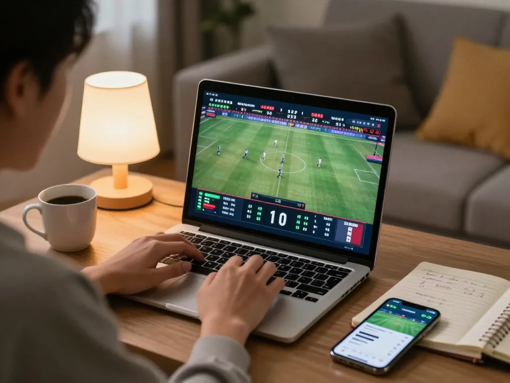 Person placing bets on a sports betting app at home through keonhacaii88 while analyzing live match odds.