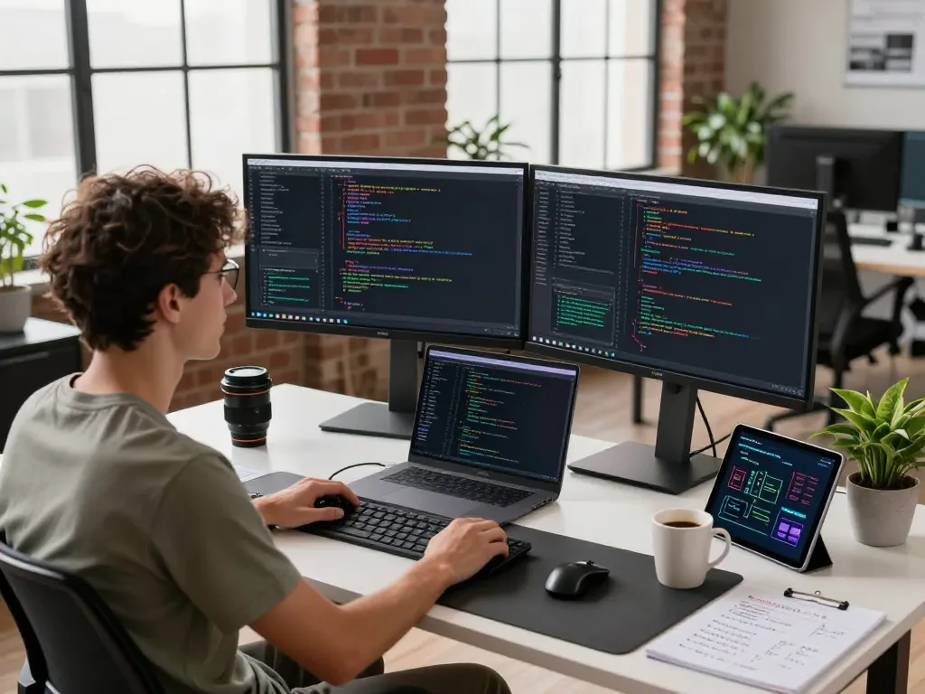 MoltBot AI showcased in a modern tech workspace with dual monitors and coding elements, reflecting a productive developer environment.