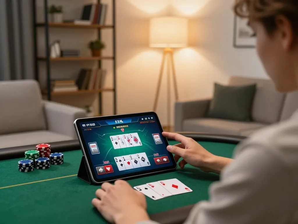 B52club gamer strategizing on a tablet with cards and chips during an online poker game.
