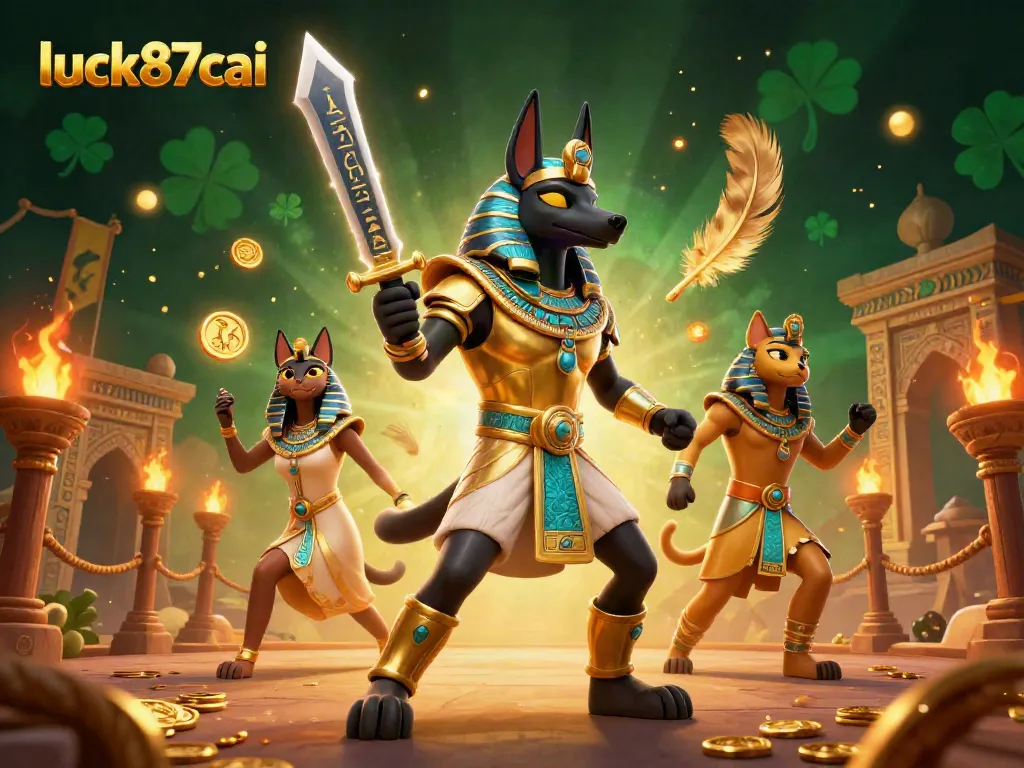 Engage with luck87cai in an immersive casino scene featuring Anubis and Bastet.