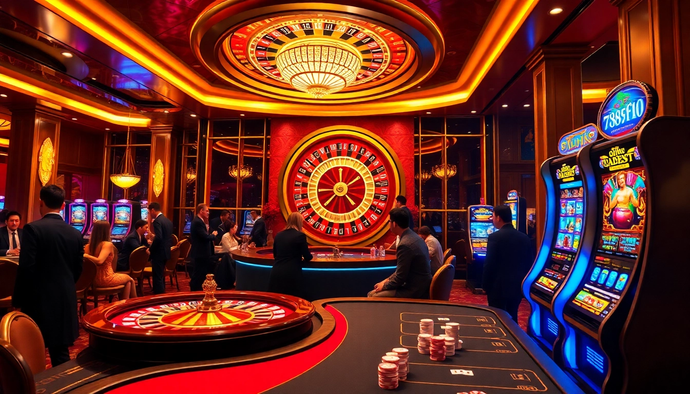 Experience the excitement of 789f10 with players at a luxurious poker table surrounded by vibrant casino decor.