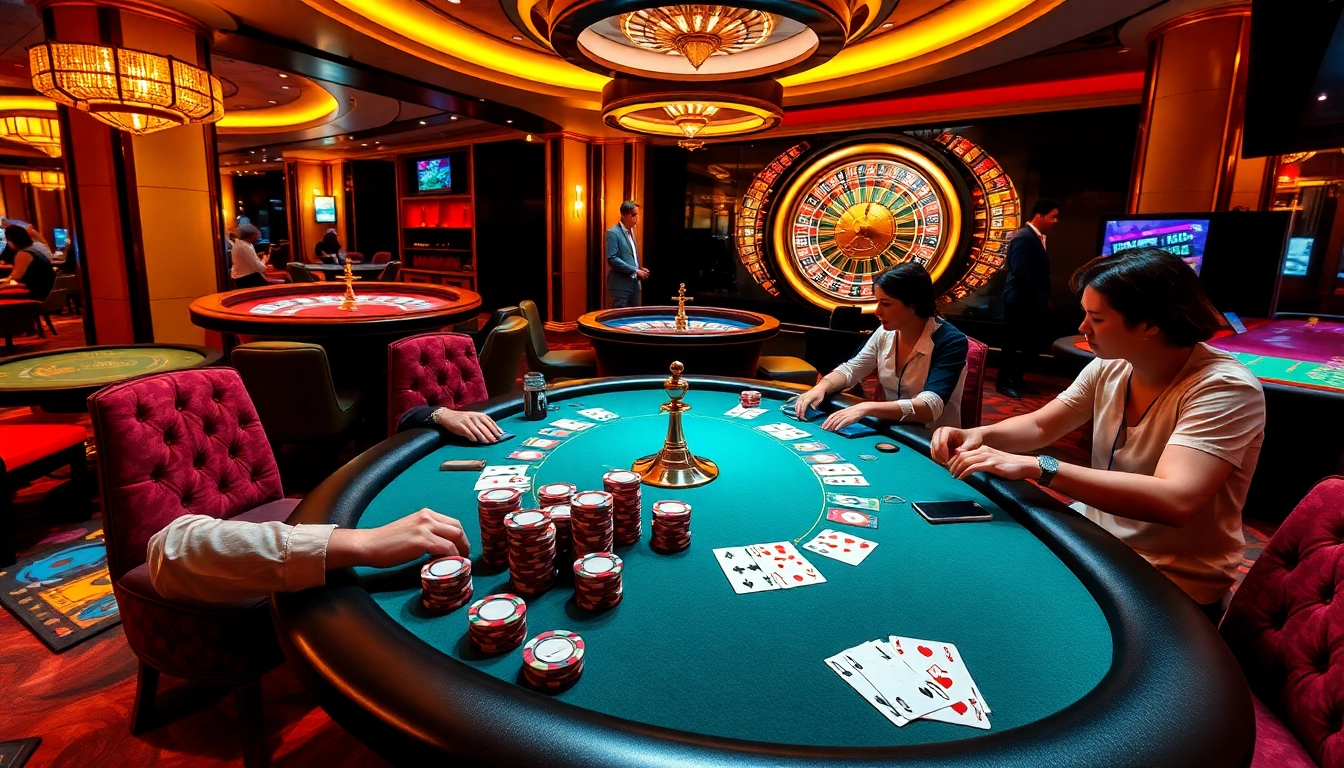 Experience the thrill of high-stakes poker at https://mubet.me/, showcasing vibrant chips and excited players.