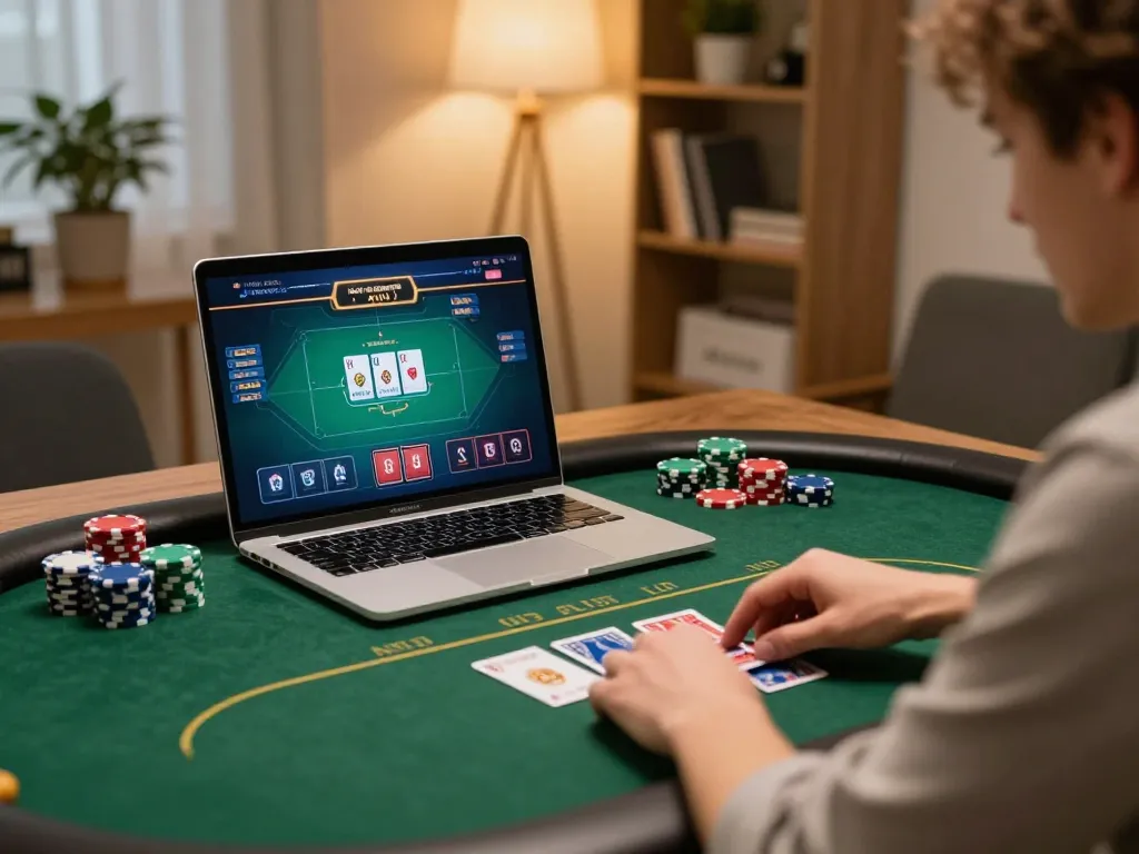 Player strategizing in an online poker game using f8betz on their laptop with colorful chips and cards.