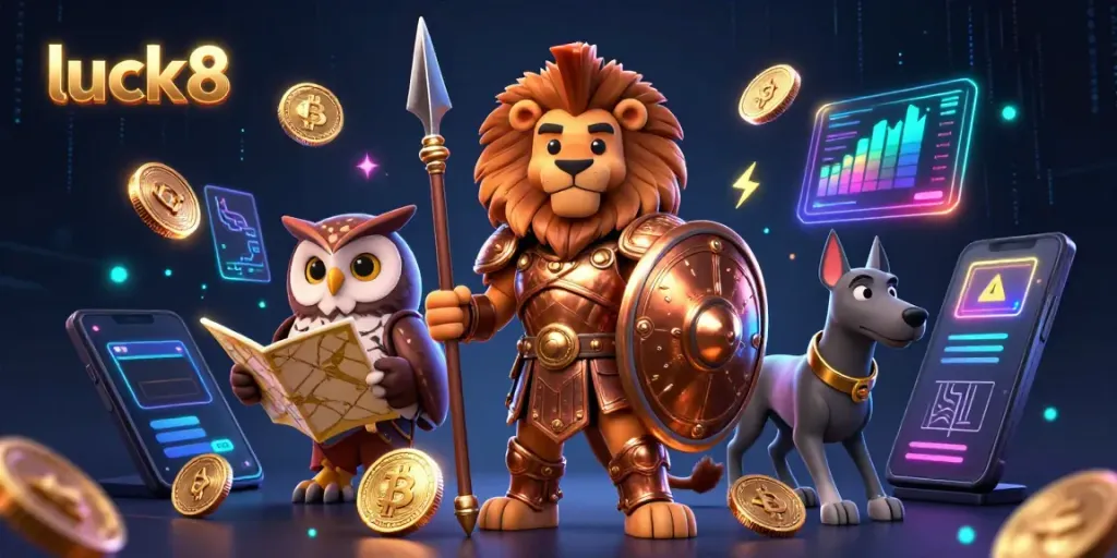 Experience luck8 with an exciting 3D scene featuring a Spartan lion, owl strategist, and greyhound messenger in a casino setting.