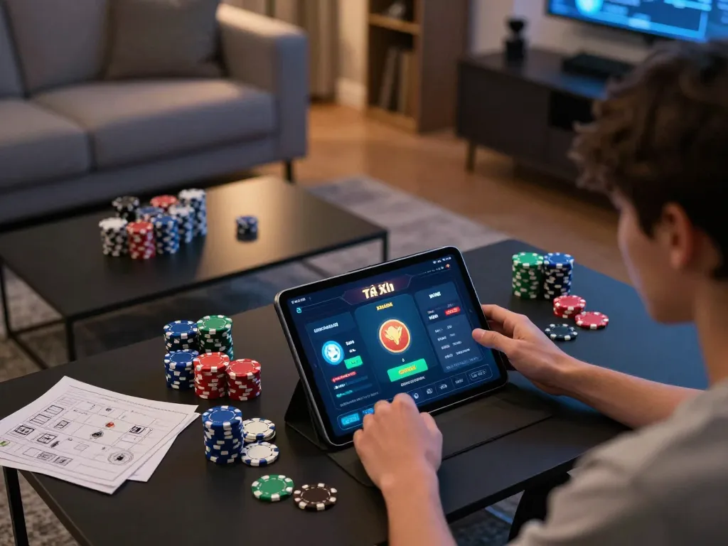 Tài Xỉu Sunwin player enjoying online gaming strategy with colorful chips and tablet in a cozy living room.