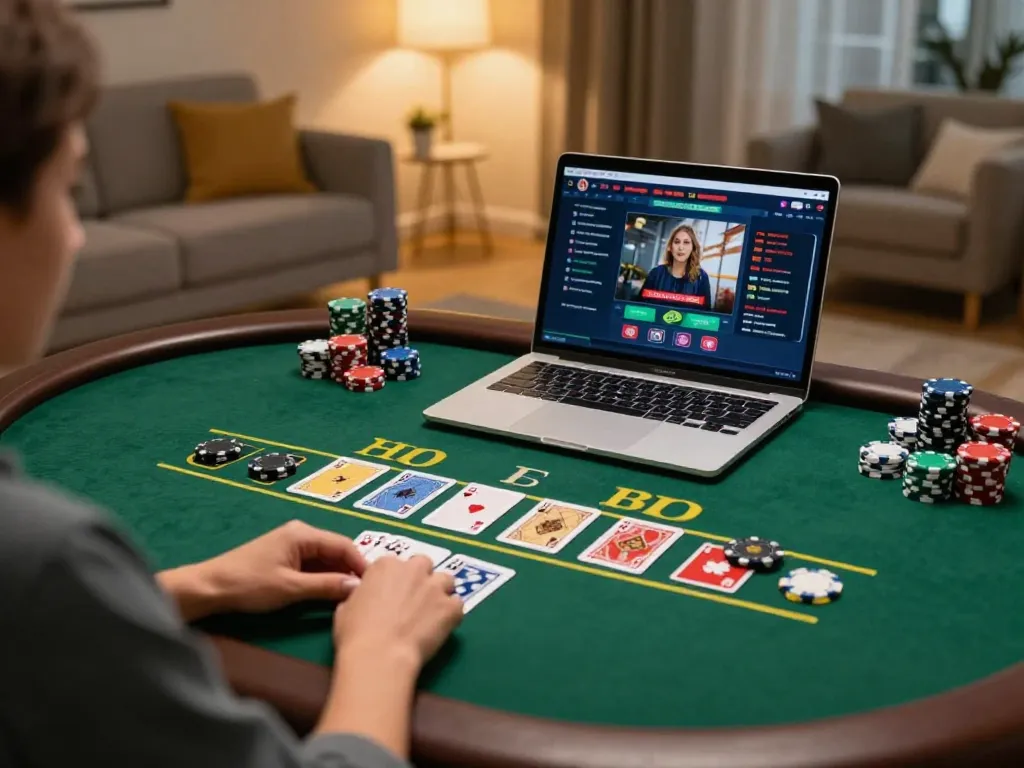 Player enjoying live dealer blackjack on XXGG's online platform from a cozy home.