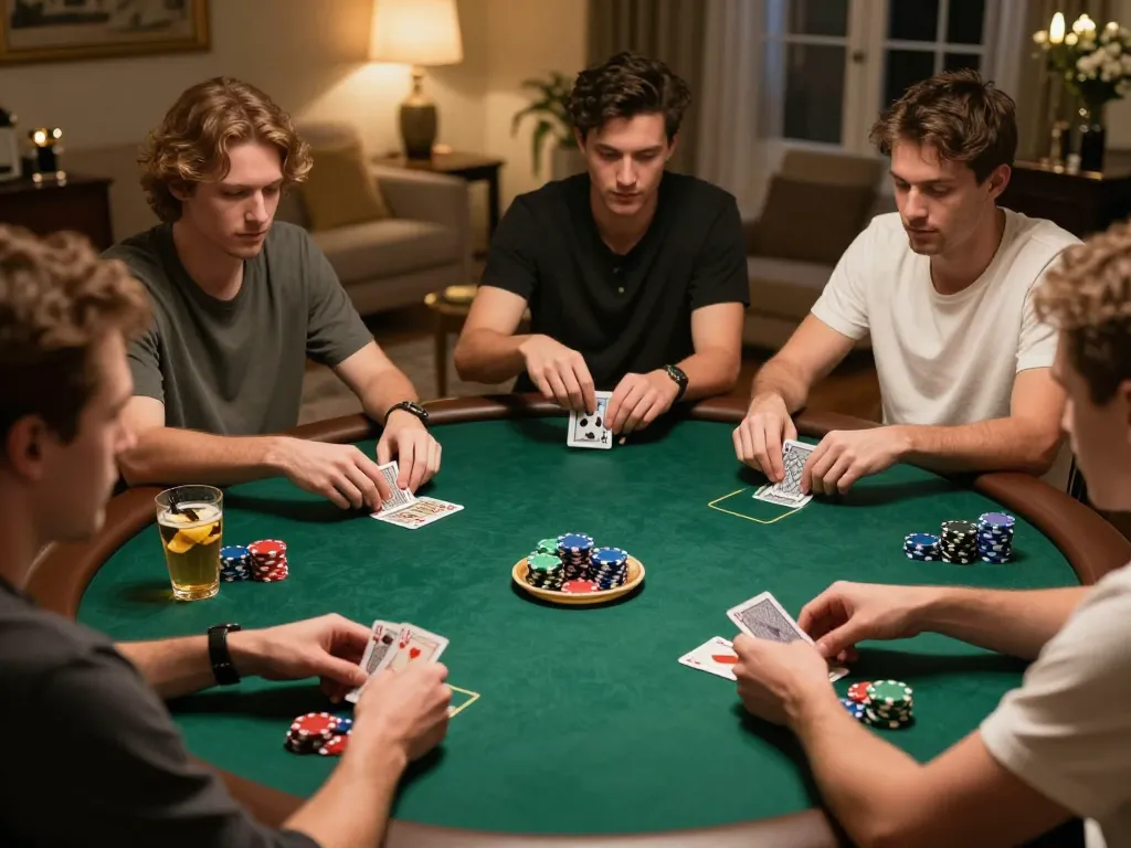 Engaging poker game with players at iwin club, showcasing excitement and strategic gameplay around a vibrant table.
