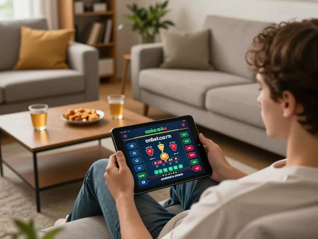 Engaged user strategizing online gambling at onbet.com on a tablet in a cozy living space.