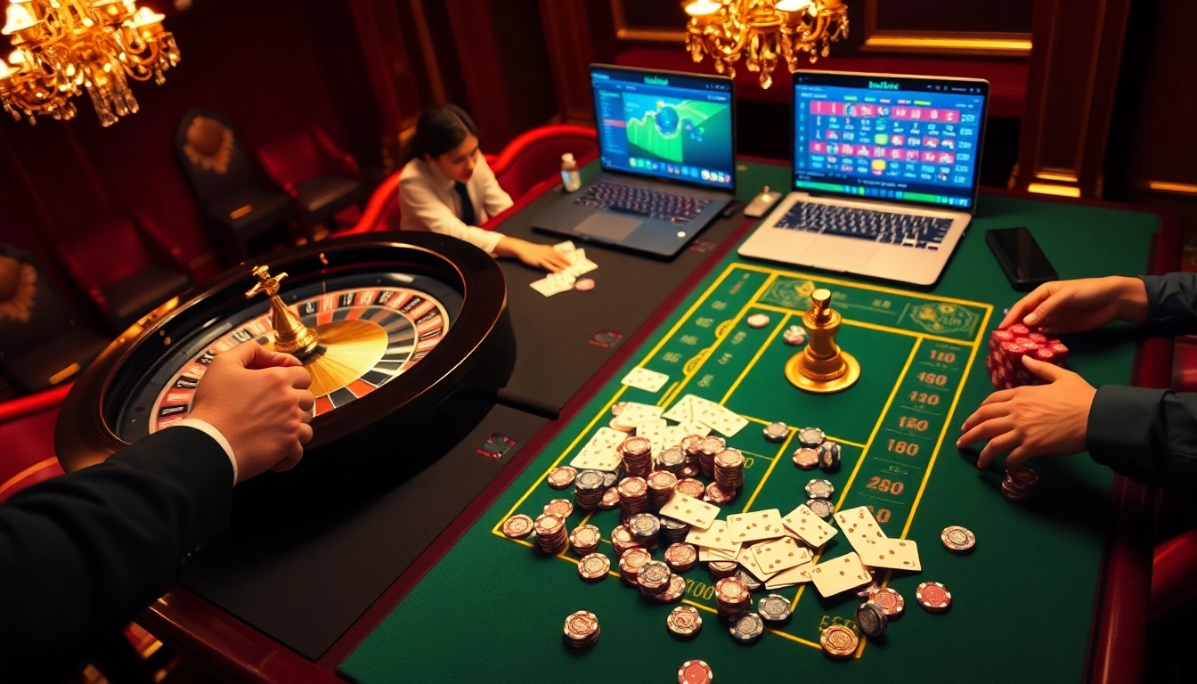 Exciting scene of gamblers engaged in keo nha cai with colorful game elements at a casino table.