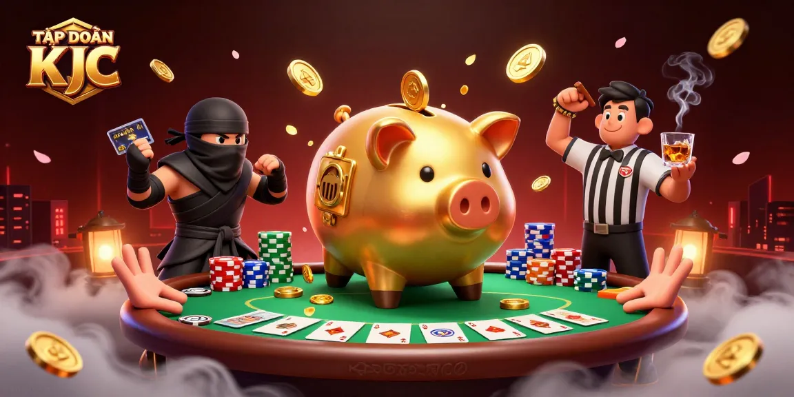 Engage with TẬP ĐOÀN KJC's exciting casino dynamics featuring a golden piggy bank sumo wrestler.
