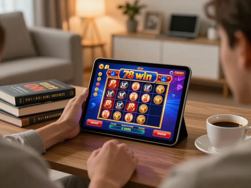 Engaging player enjoying exciting 78 win slot games on a tablet in a cozy home setting.