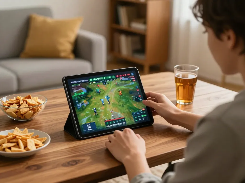 Engaging in online sports betting on Bsport tablet at home, showcasing live game action.