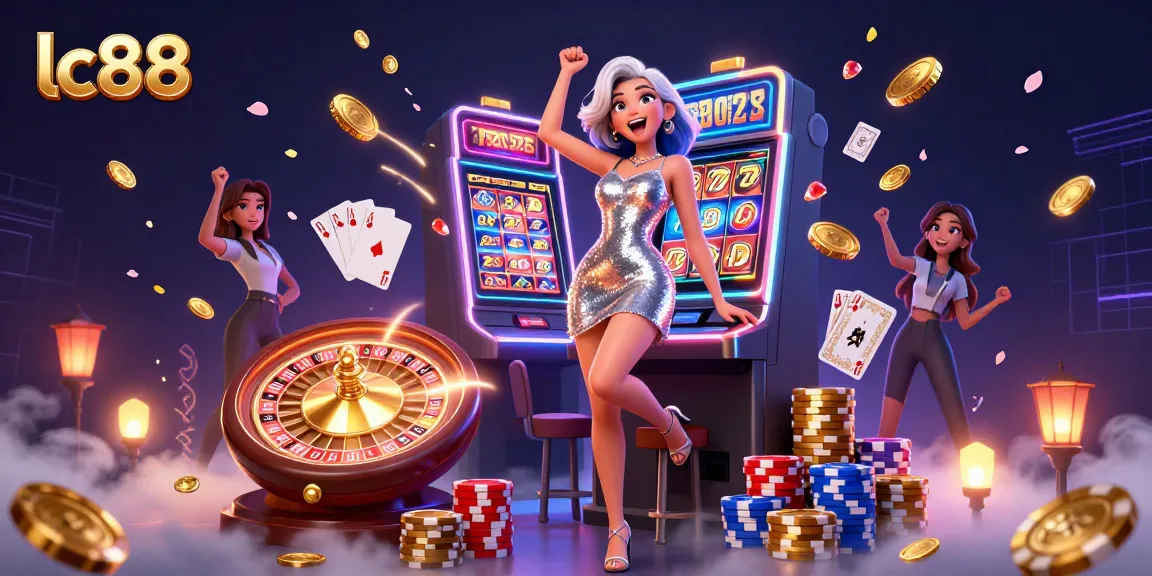 Win big at lc88 with this exciting casino scene, showcasing jackpot celebrations and vibrant gaming elements.