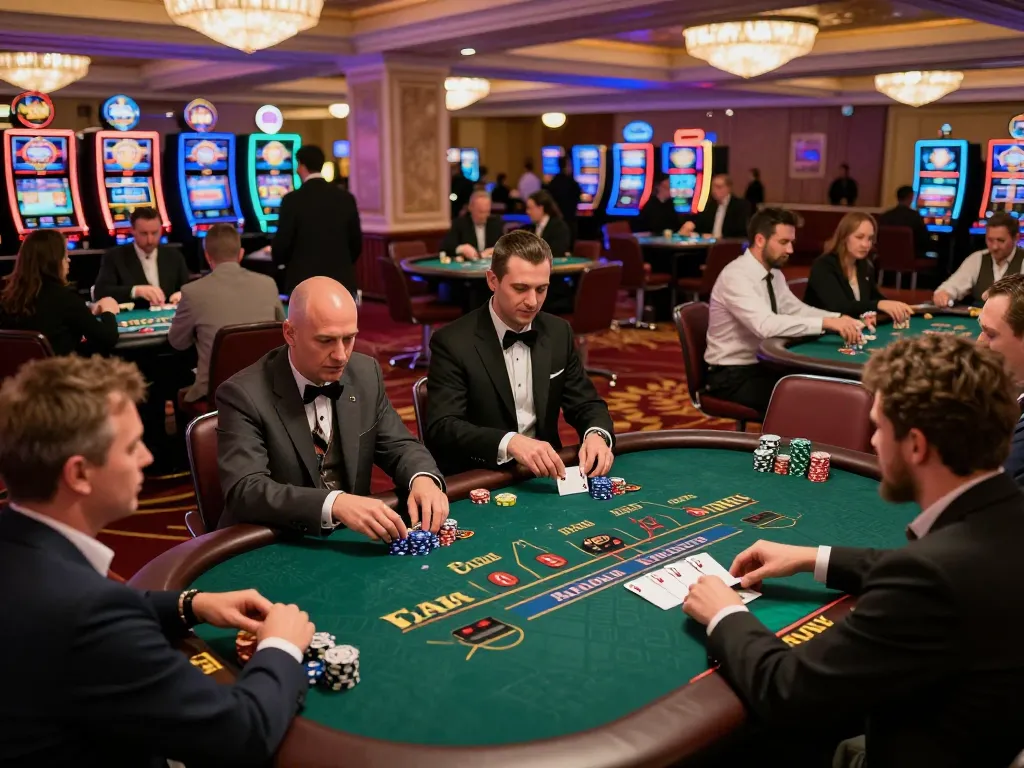 Players engaging in a strategic blackjack game at a vibrant casino, featuring mb666 betting chips.