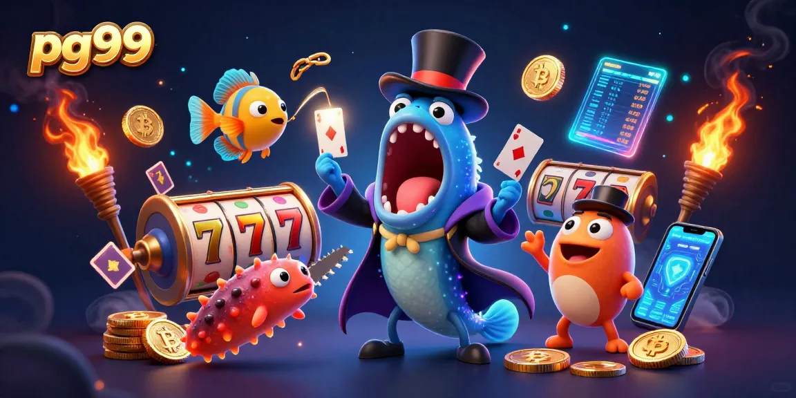 Experience pg99's thrilling slots with a bioluminescent eel performing an amazing card trick.
