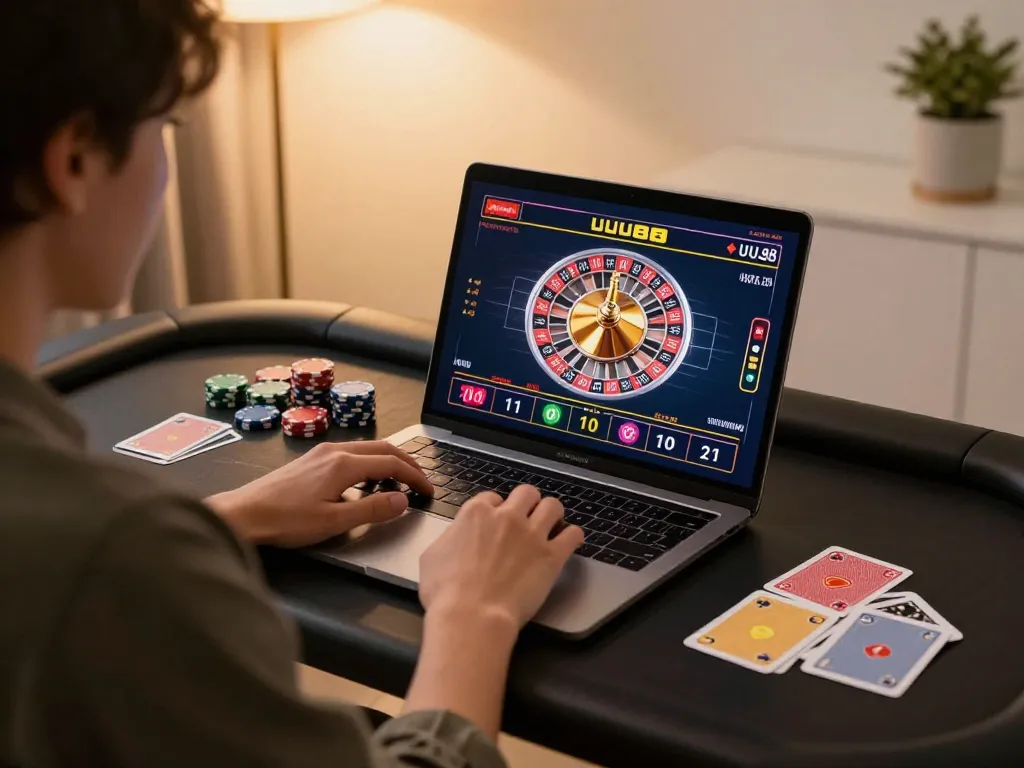 Engaging with UU88 online casino gaming on a laptop, showcasing vibrant roulette gameplay