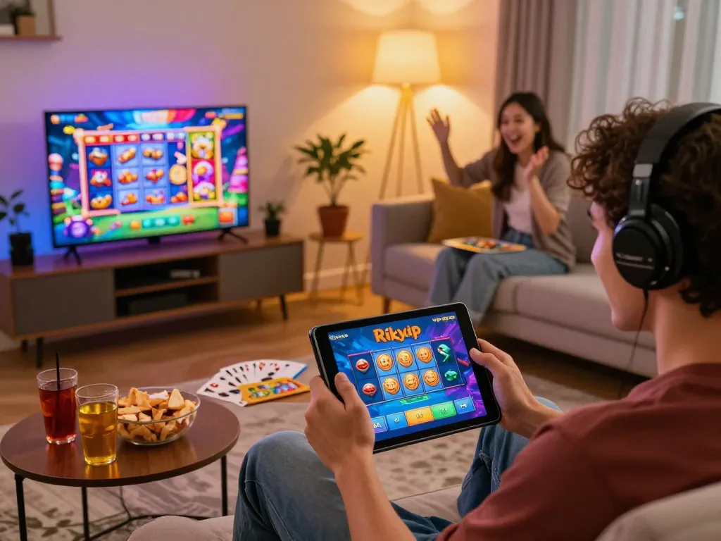 Engaging user playing rikvip in a cozy living room filled with gaming graphics.