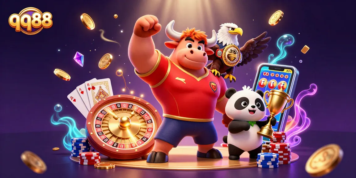 Experience winning moments with qq88 featuring a cartoon bull, eagle, and panda celebrating amidst casino elements.