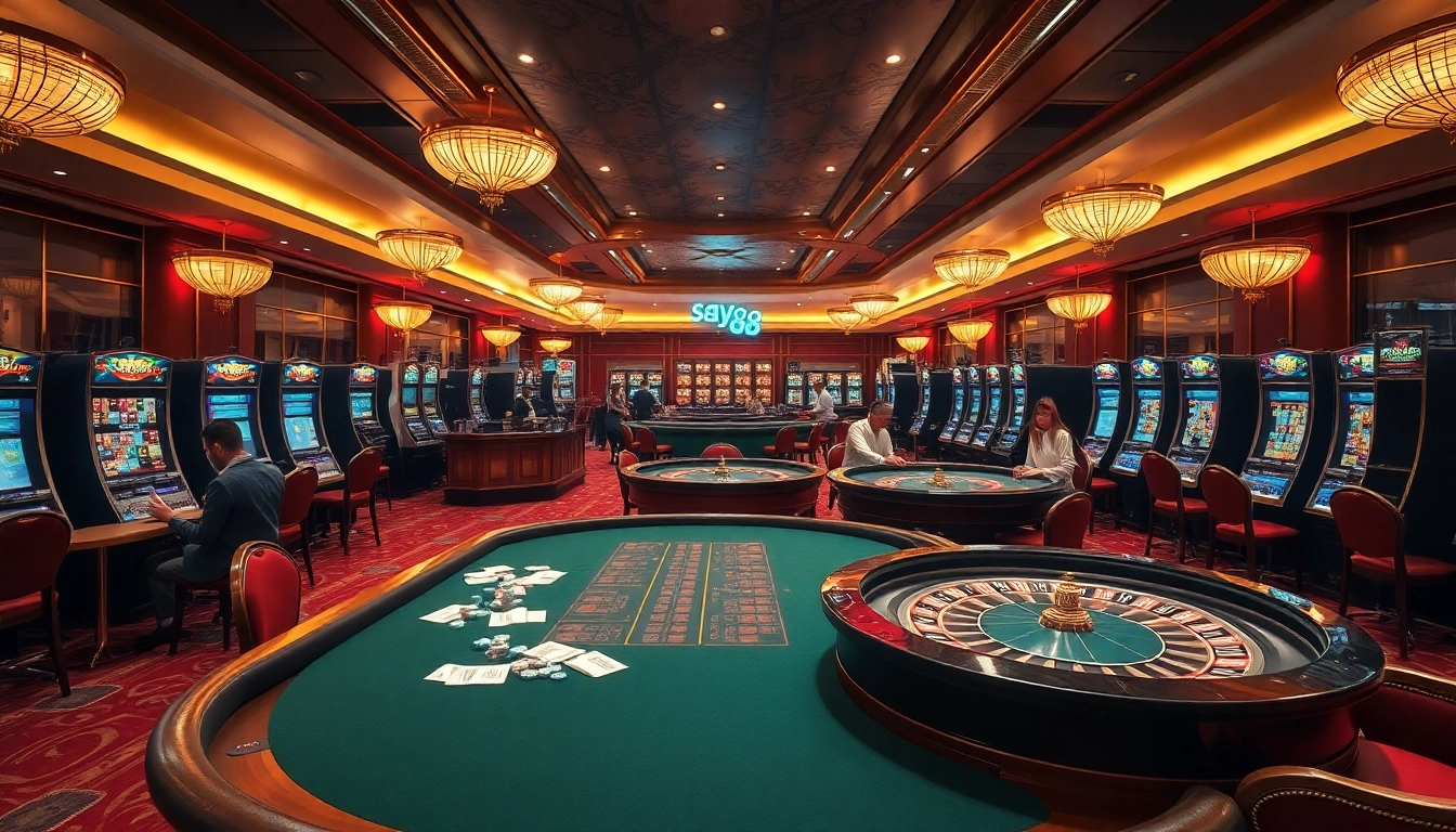 Experience the vibrant casino excitement with say88 highlighted in a luxurious setting featuring tables and slot machines.