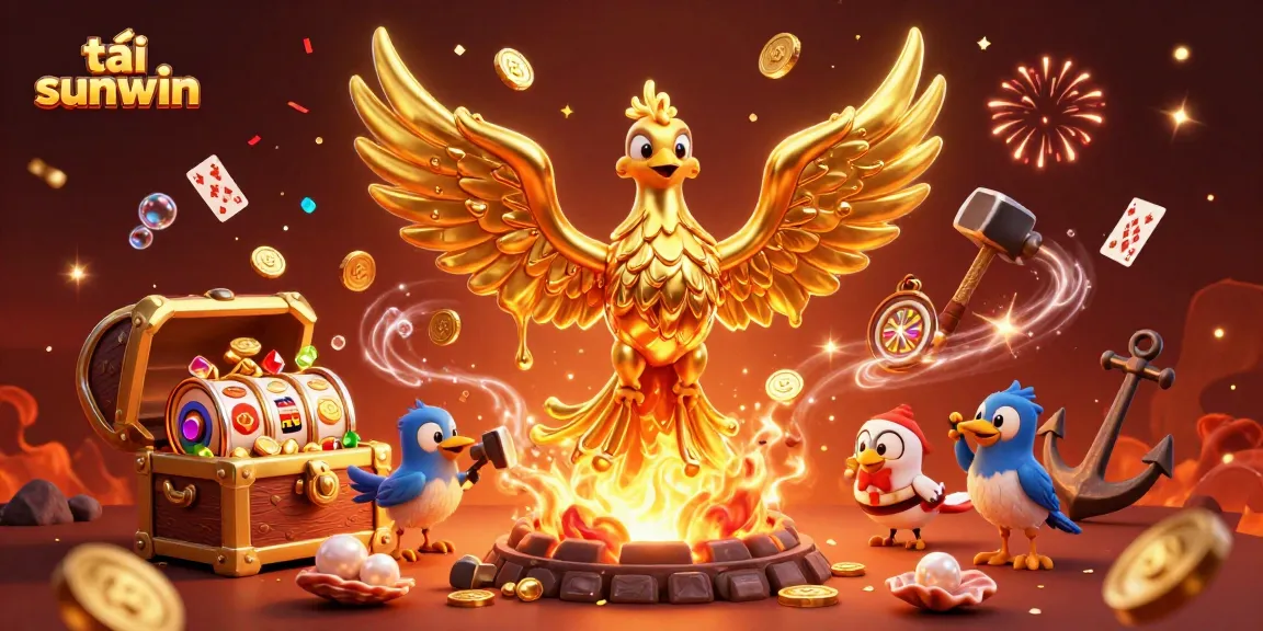 Experience the thrill of tải sunwin with vibrant visuals of animated gaming elements and a golden phoenix.