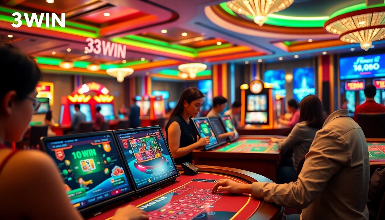3WIN online casino showcasing players enjoying Live Casino and Lô Đề gaming in a vibrant atmosphere.