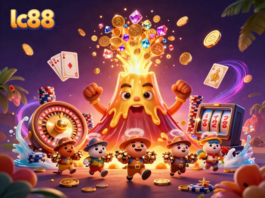 Experience the thrill of lc88 with a golden volcano, treasure, and casino elements in an explosive illustration.