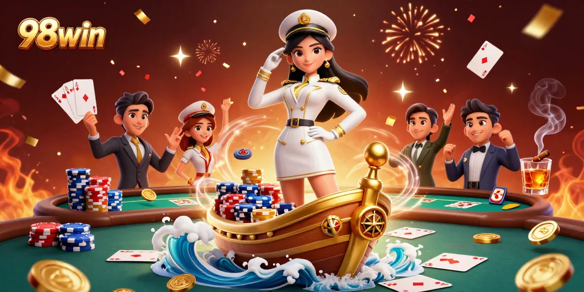 Bet on excitement with 98win, a vibrant casino scene featuring poker chips and an elegant dealer.