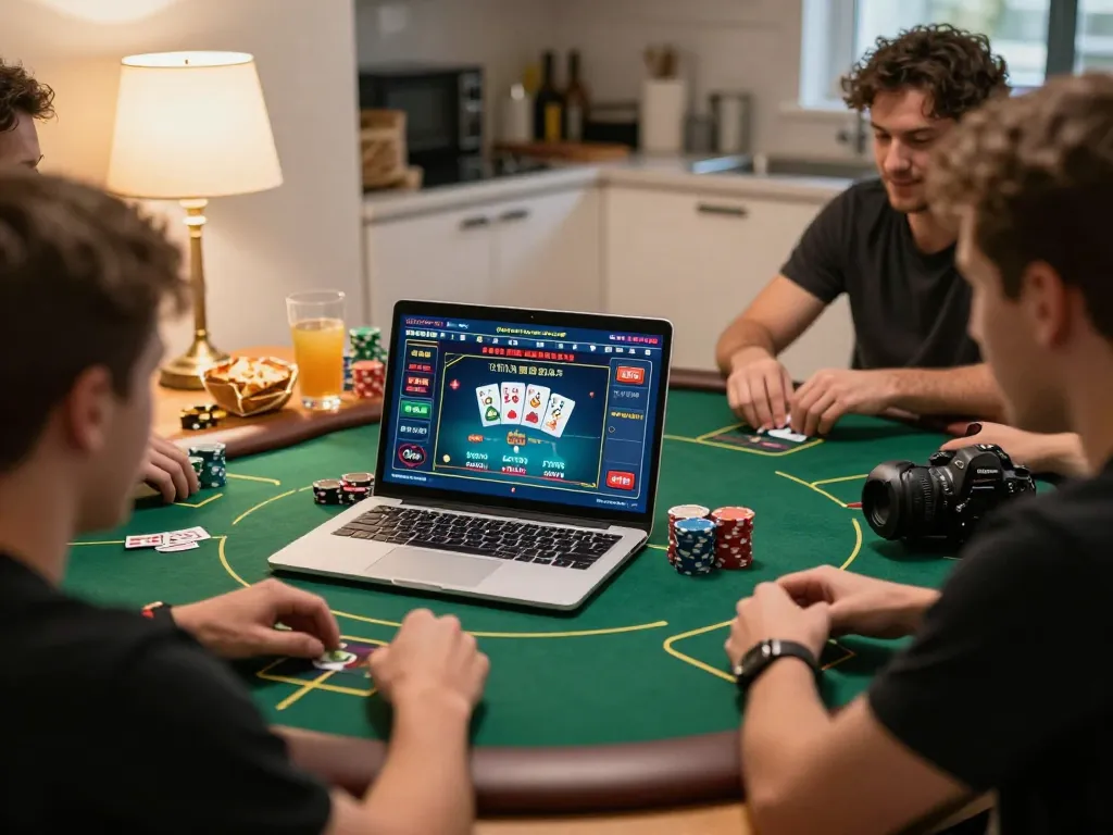 Engaging in an online poker game with 789WIN, showcasing the laptop interface and friends discussing strategies.