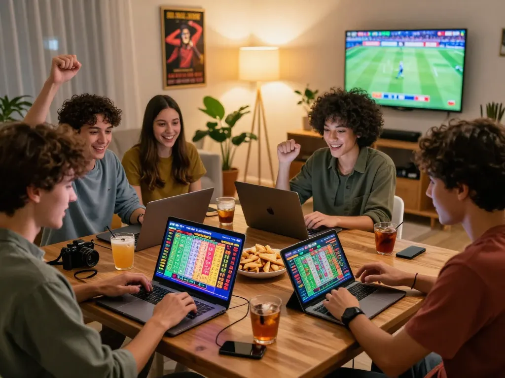 Group enjoying lô đề online gaming in a cozy setting with laptops and snacks