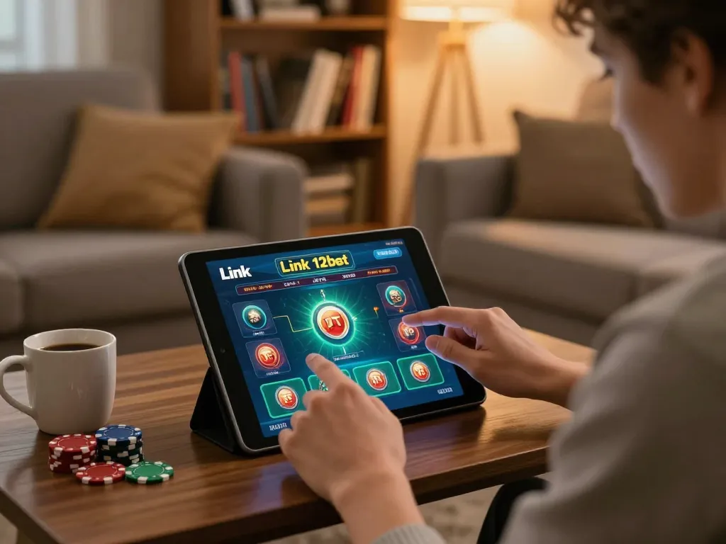 Người chơi đang chơi trên Link 12bet tại nhà, thể hiện bầu không khí cờ bạc trực tuyến thoải mái.