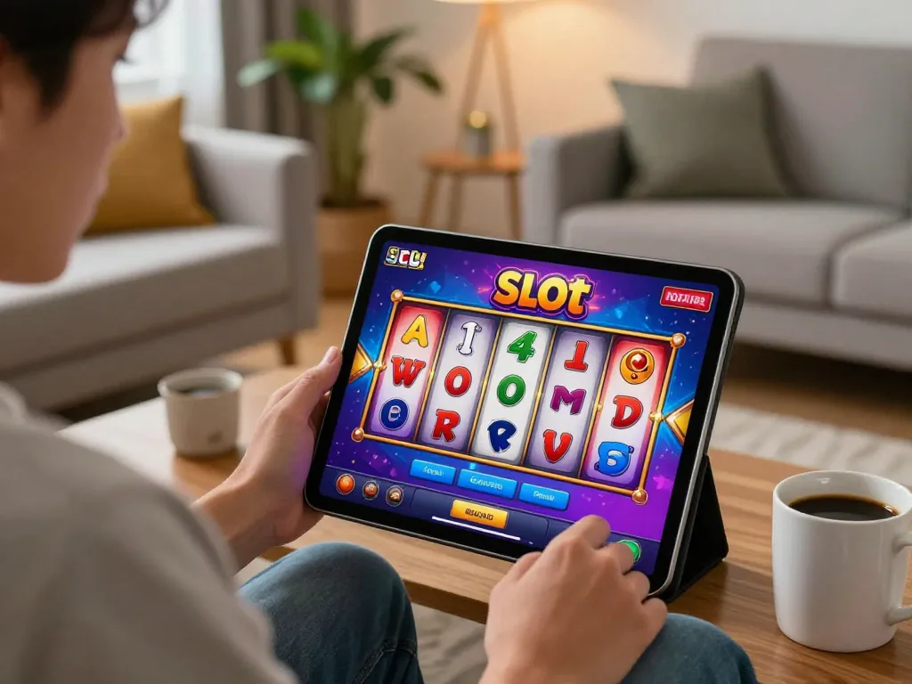 Engaging Slot Malaysia gameplay on tablet in a cozy home setting with warm lighting