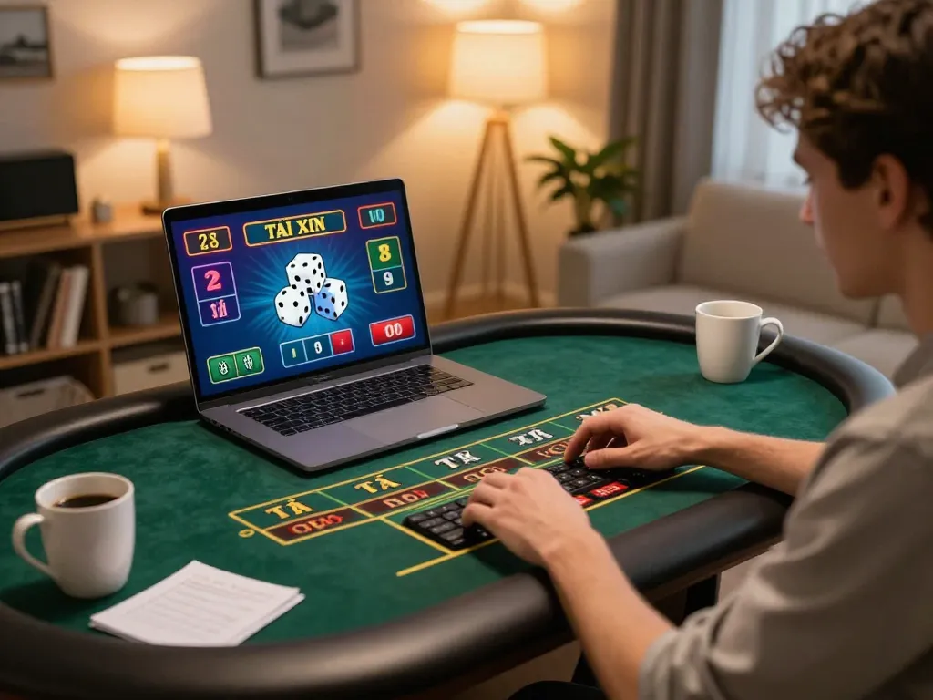 Player engaged in Tài Xỉu gameplay on a laptop in a cozy home setting, focused and strategizing.