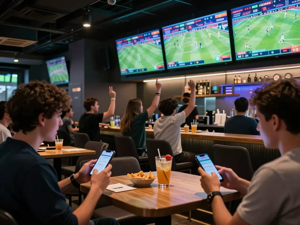 nowgoal123 users engaged in sports betting excitement, showcasing live odds and dynamic match updates in a vibrant bar setting.