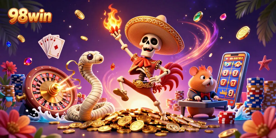Experience the excitement at 98win with vibrant characters celebrating on a treasure of golden coins.